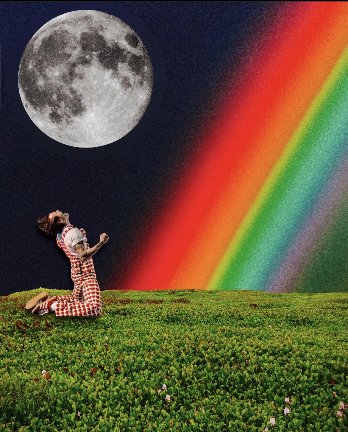 collage art of man screaming at the moon while kneeling on a field of grass.
